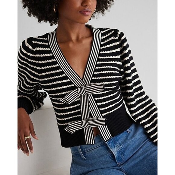 NWT Express Black White Striped V-Neck Bow Cardigan Womens Size Large - Picture 1 of 11